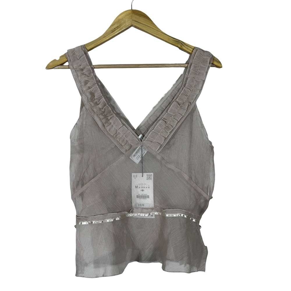 NWT Zara Ruffled Pleated Crossover Tank Top Cream Romantic Ethereal Size M